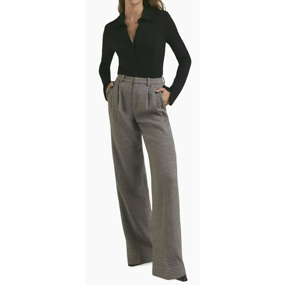 Favorite Daughter Black Top with Black-and-White Houndstooth Wide-Leg Trousers